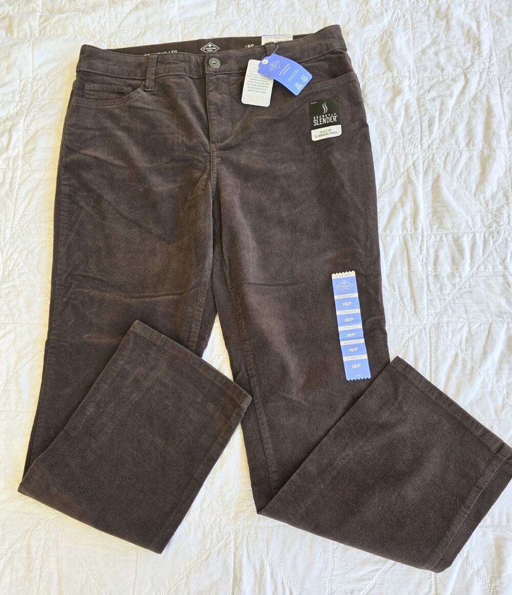 St. John's Bay Women's 16P Brown Corduroy Pants Straight Leg Slimming Panel NWT